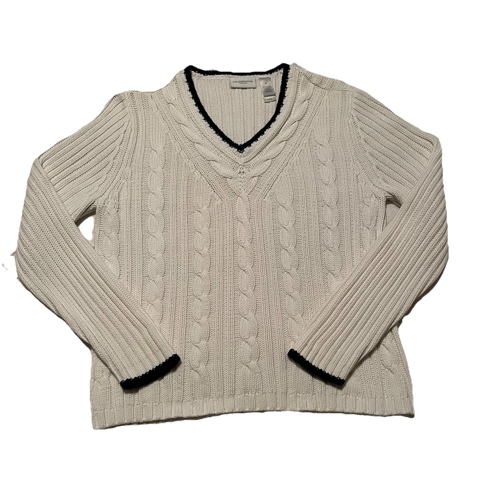VTG V-Neck White Chunky Cable Knit Sweater L Tennis Prep Varsity Coastal